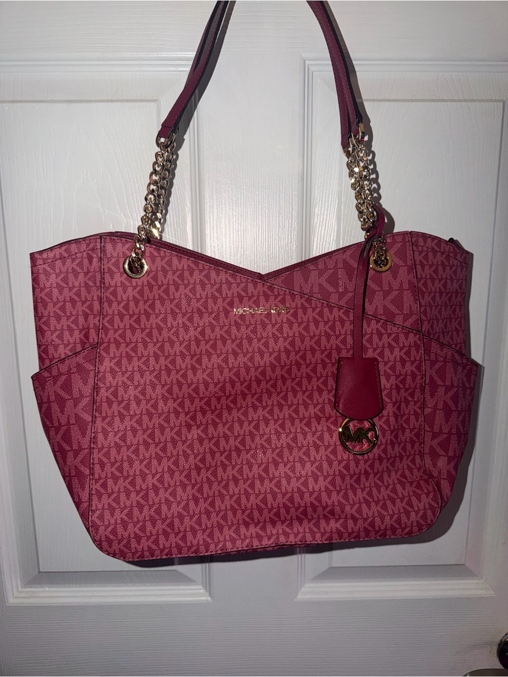 Michael Kors Rose Pink MK Signature Shoulder Tote with Gold Hardware